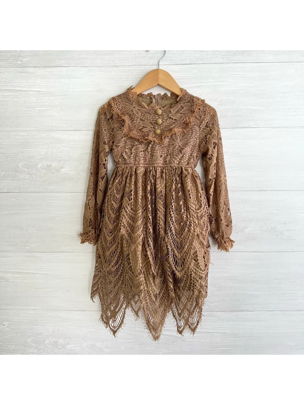 Trish Scully Child Girls Tan Crochet Lace Boho Hi-Low Dress Size 4